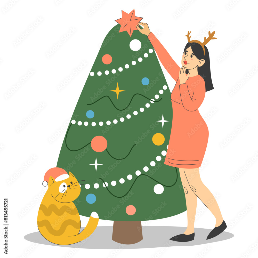 Fototapeta premium Woman decorating Christmas tree vector isolated. Illustration of a female character with cat pet at the green tree. Funny and cute orange cat in Santa Claus hat. Christmas and New Year celebration.
