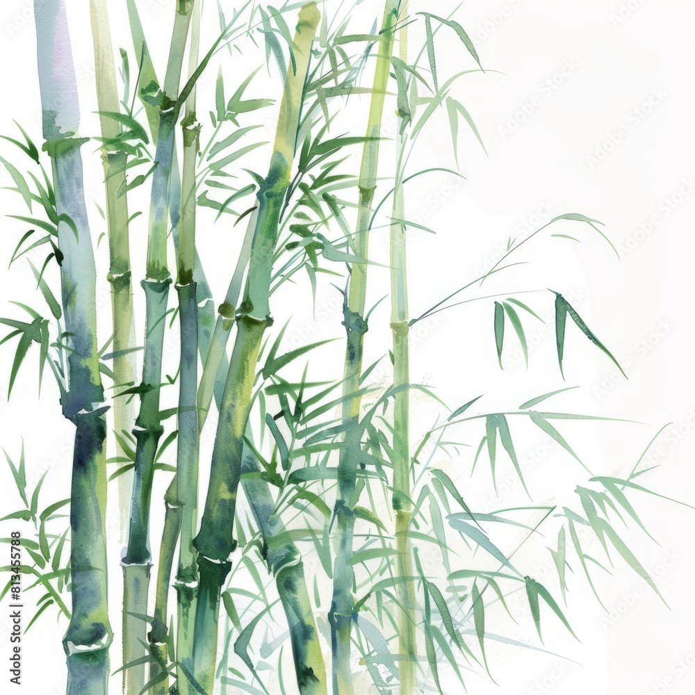 Obraz premium Watercolor painting of a serene bamboo forest with tall, slender stalks swaying in the breeze, on isolated white background, Generative AI 
