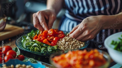 A close-up photo of a woman's hands preparing a healthy salad, arranging colorful vegetables, nuts, and seeds on a plate.