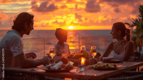4 Family enjoying a buffet dinner on a cruise ship, with ocean views during a summer sunset