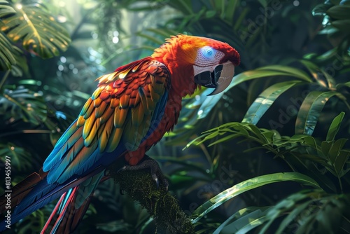 A neoncolored parrot with cybernetic enhancements perches in a digitally reconstructed rainforest