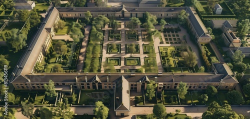 Aerial view of a Victorian workhouse complex photo