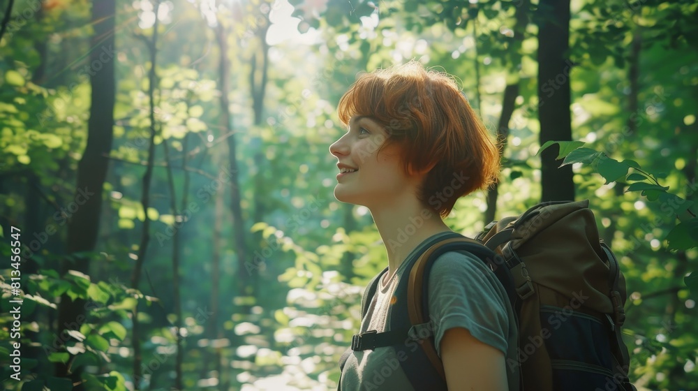 A young woman with short red hair hikes through a lush forest, her backpack filled with healthy snacks A young woman with short red hair hikes through a lush forest, her backpack filled with healthy snacks