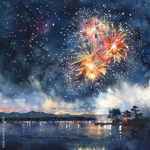 Watercolor painting of a traditional Japanese fireworks display (hanabi) illuminating the night sky with bursts of color and light, Generative AI  photo