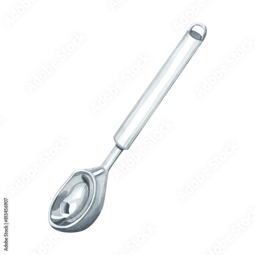 Ice cream scoop spoon made of stainless steel metal isolated on white background for serving dessert. Realistic drawing