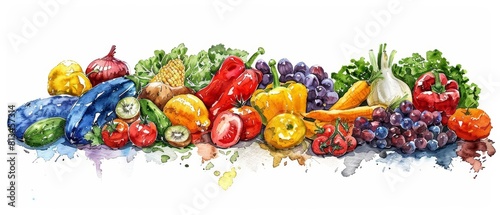 A watercolor of a robust farmers market scene  bursting with fruits and vegetables  Clipart isolated on white