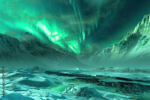 Generative ai on theme of beautiful northern lights  bright aurora borealis winter in atmosphere