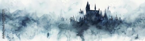 A watercolor of an ancient castle shrouded in fog, creating a mysterious and gothic atmosphere, Clipart isolated on white photo