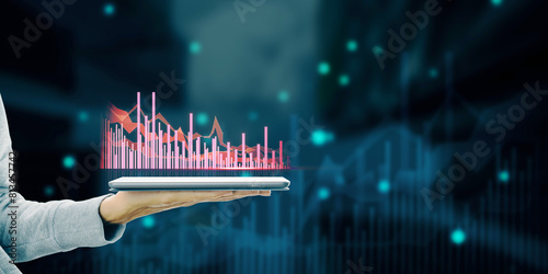 Close up of female hand holding cellphone with creative downward forex chart on blurry night city background. Financial growth and crisis concept. Double exposure.