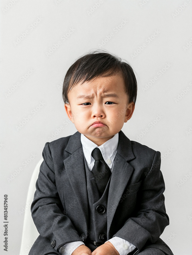 Serious child dressed in an adult suit. Asian boy with an upset face. Sad child businessman on white background Serious child dressed in an adult suit. Asian boy with an upset face. Sad child businessman on white background