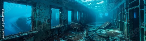 After humanitys exit, the ghostly halls of an underwater school in the Pacific echoed with the blue serenity of the ocean, scifi photo