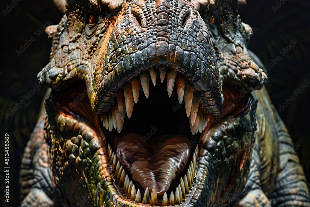 Generative ai on theme of big scary hungry dinosaur with kind eyes and sharp teeth destroying park Generative ai on theme of big scary hungry dinosaur with kind eyes and sharp teeth destroying park