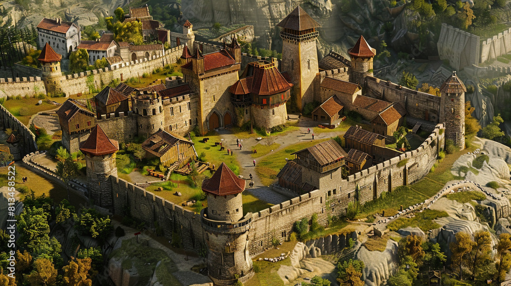 A digital reconstruction of a medieval castle, illustrating the ...