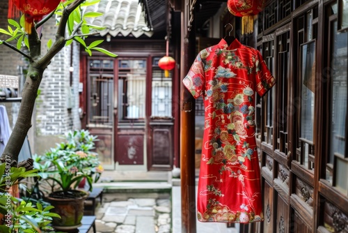 A Chinese qipao dress hanging in a traditional courtyard, showcasing its elegant silhouette and intricate silk embroidery, Generative AI © ManusiaIkan