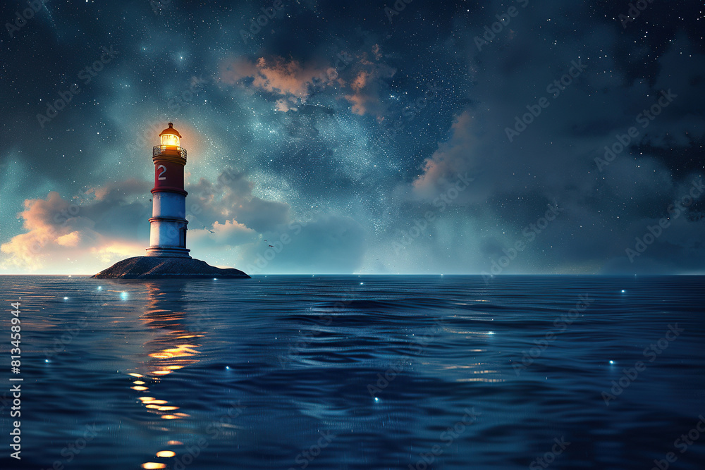 Obraz premium Generative ai on theme of large retro lighthouse with beam of bright light shining out to blue sea