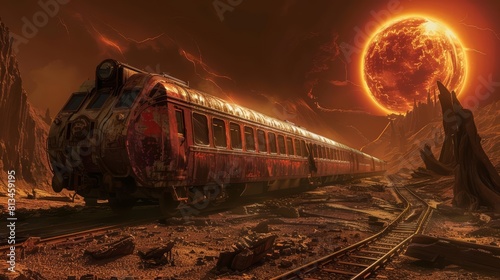 As the world succumbed to a catastrophic solar flare, a crimson train raced unmanned through the burnt landscapes of a distant exoplanet, scifi photo