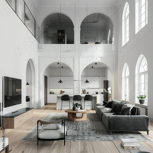 Minimalist Scandinavian living room with high ceilings, an open layout, and a focus on uncluttered space.