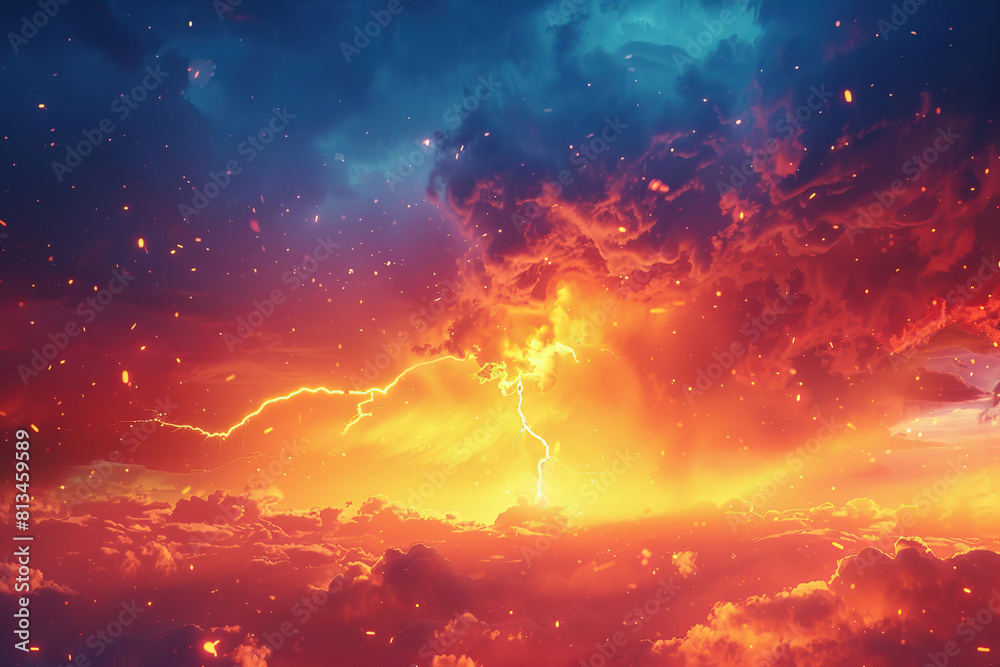 Fototapeta premium Generative ai on theme of scary bright electric lightning bolt with branches in the night dark sky