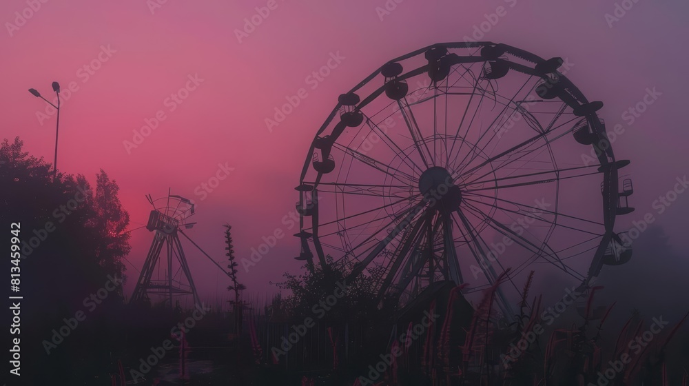 In a silent world, an abandoned ferris wheel turned slowly, framed by the pink horizon of an Earth without laughter, scifi photo