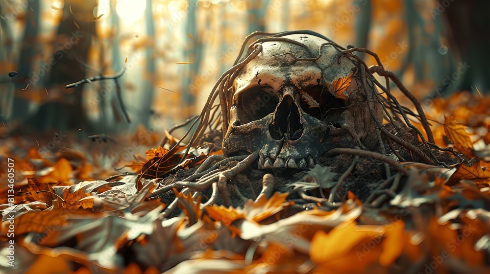 Skull and Roots Among Autumn Leaves in Forest
