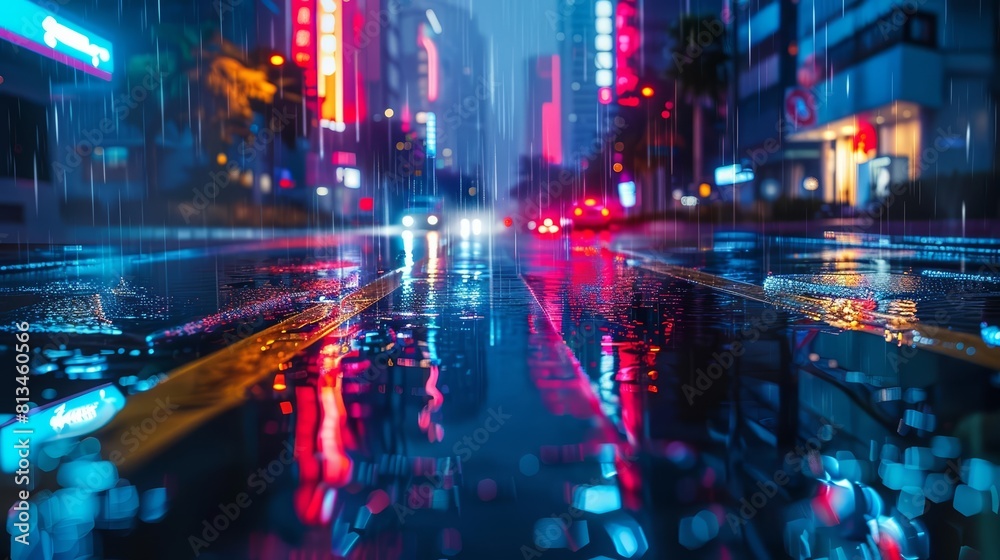 Neon lights illuminate a wet highway in a cityscape at night, reflecting a blend of rain and urban life in a vibrant future setting, suitable for a banner with copy space