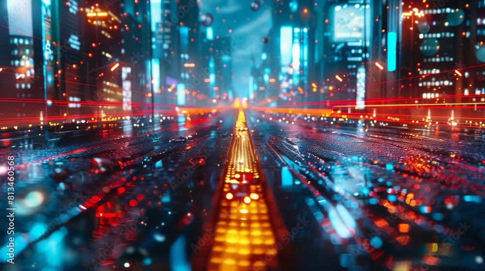 Neon lights illuminate a wet highway in a cityscape at night, reflecting a blend of rain and urban life in a vibrant future setting, suitable for a banner with copy space