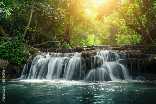 Generative ai on theme of beautiful majestic waterfall in natural nature, national park attraction