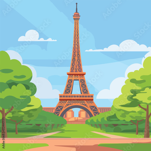Beautiful scene with Eiffel Tower in Paris. World famous France tourist attraction symbol.International landmarks design postcard or travel poster, Eiffel Tower, Paris. France. Vector illustration