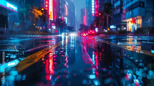 Neon lights illuminate a wet highway in a cityscape at night  reflecting a blend of rain and urban life in a vibrant future setting  suitable for a banner with copy space