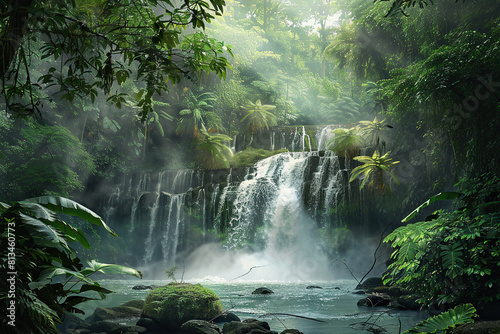 Generative ai on theme of beautiful majestic waterfall in natural nature, national park attraction