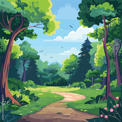 Nature vector background with scenery view of snowy mountains, forest trees and rocky hills, blue water, sky and clouds. Retro game nature scene