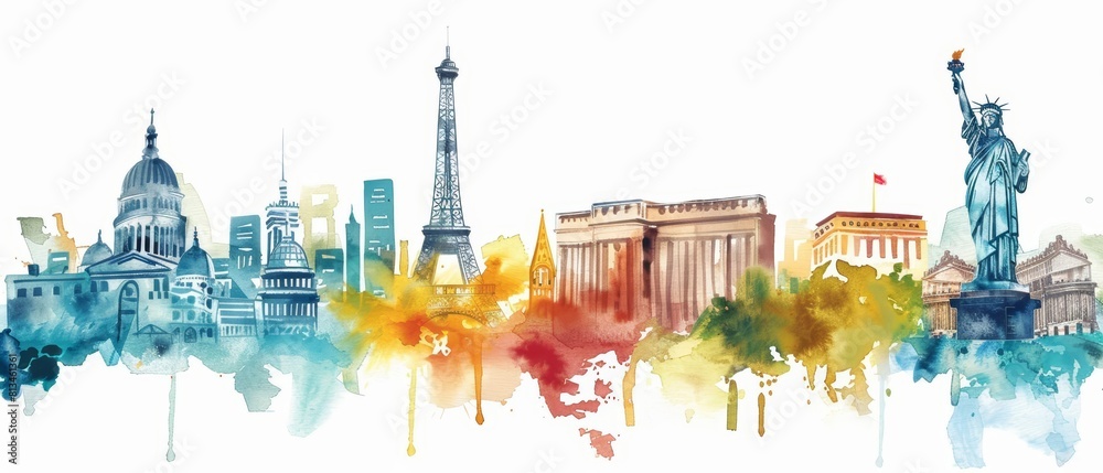 Set of watercolors depicting iconic landmarks from around the world, from the Eiffel Tower to the Statue of Liberty, Clipart isolated on white Set of watercolors depicting iconic landmarks from around the world, from the Eiffel Tower to the Statue of Liberty, Clipart isolated on white