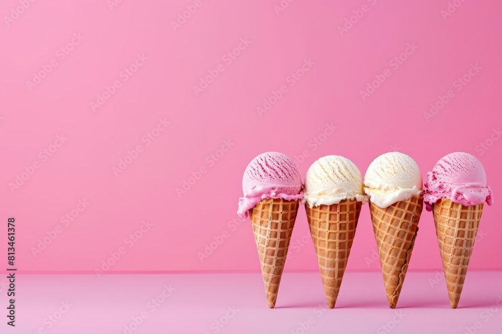 Ice cream in waffle cones, placed against a vibrant background, offers a sweet treat variety, with solid background and copy space on center for advertise Ice cream in waffle cones, placed against a vibrant background, offers a sweet treat variety, with solid background and copy space on center for advertise