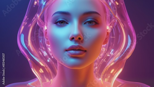 Ethereal futuristic human face in vibrant gradient background.