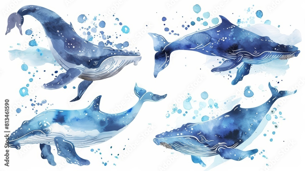 Set of watercolors featuring majestic whales diving deep into the ocean, surrounded by swirling water and bubbles, Clipart isolated on white Set of watercolors featuring majestic whales diving deep into the ocean, surrounded by swirling water and bubbles, Clipart isolated on white