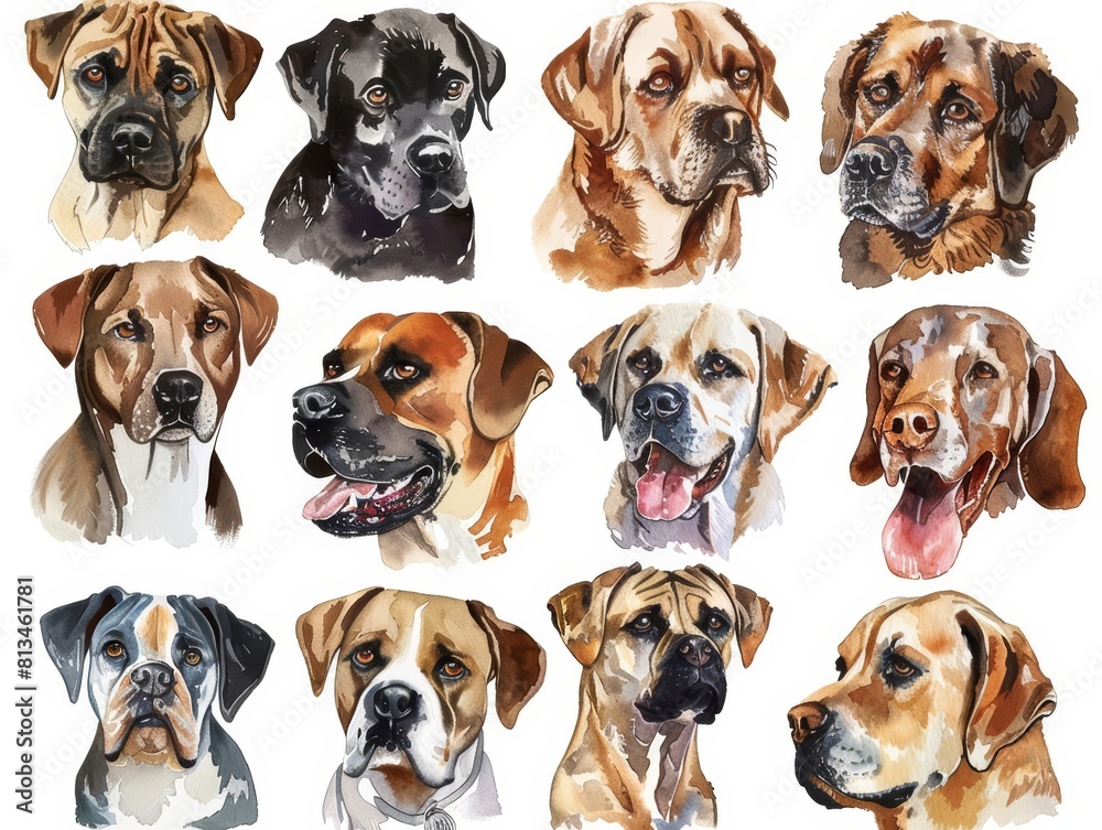 Fototapeta premium Set of watercolors of different breeds of dogs, each portrayed with their unique features and expressions, Clipart isolated on white