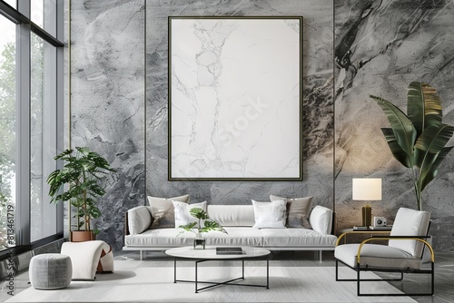 Marble living room interior with sofa potted plants and vertical poster hanging above on marble wall. photo