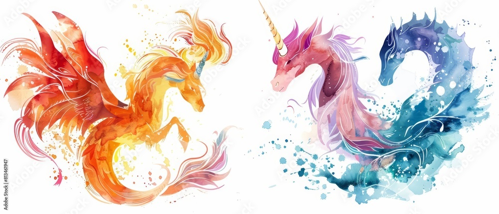 Set of watercolors of mythical creatures, including a unicorn and phoenix, portrayed in a vibrant, enchanting style, Clipart isolated on white Set of watercolors of mythical creatures, including a unicorn and phoenix, portrayed in a vibrant, enchanting style, Clipart isolated on white