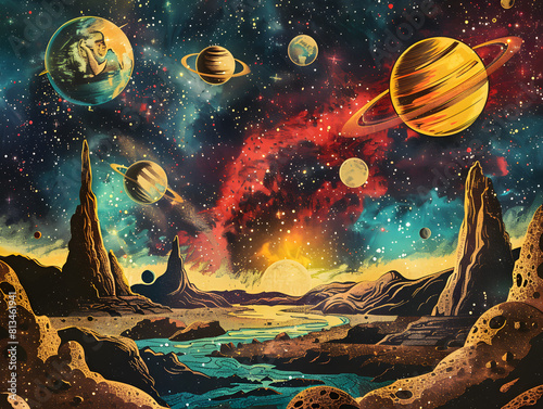 Fototapeta Naklejka Na Ścianę i Meble -  A retro comic-style outer space landscape, with colorful planets, swirling galaxies, and futuristic spacecraft, taking viewers on an intergalactic adventure filled with wonder.