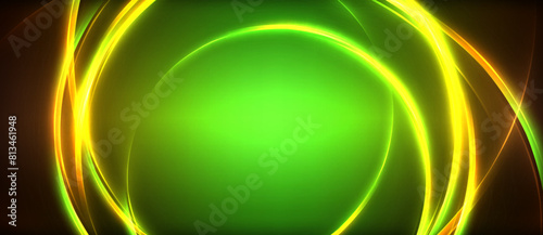 A vibrant green and yellow circle on a dark background, resembling the colorfulness of grass and electric blue water in a glass. It evokes a refreshing and fluid drink in a gaslike state