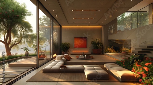 Luxurious modern interior design with panoramic glass walls and serene natural surroundings