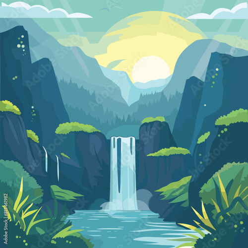 Waterfall in the jungle. Vector illustration of a waterfall flat style., Vector illustration in flat style, Waterfall in a jungle vector simple 3d smooth