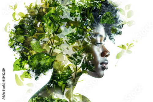 Close-up of a black womans face embellished with green leaves, creating a striking contrast against her skin
