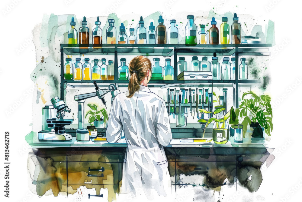 A detailed watercolor painting of a female scientist wearing a white ...