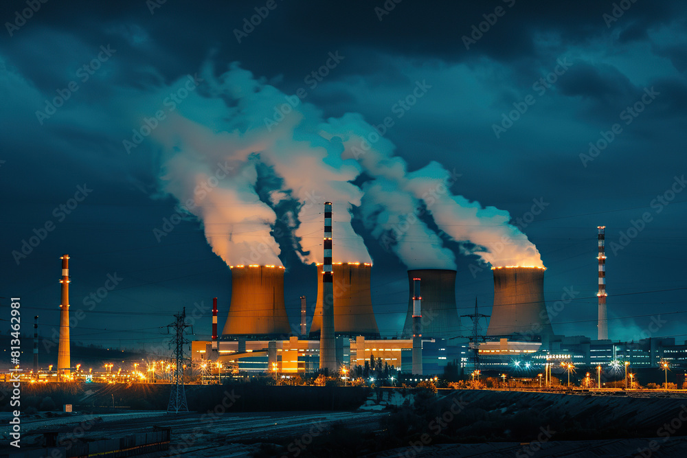Generative ai on theme of nuclear power plant made of huge smokestacks polluting the environment Generative ai on theme of nuclear power plant made of huge smokestacks polluting the environment