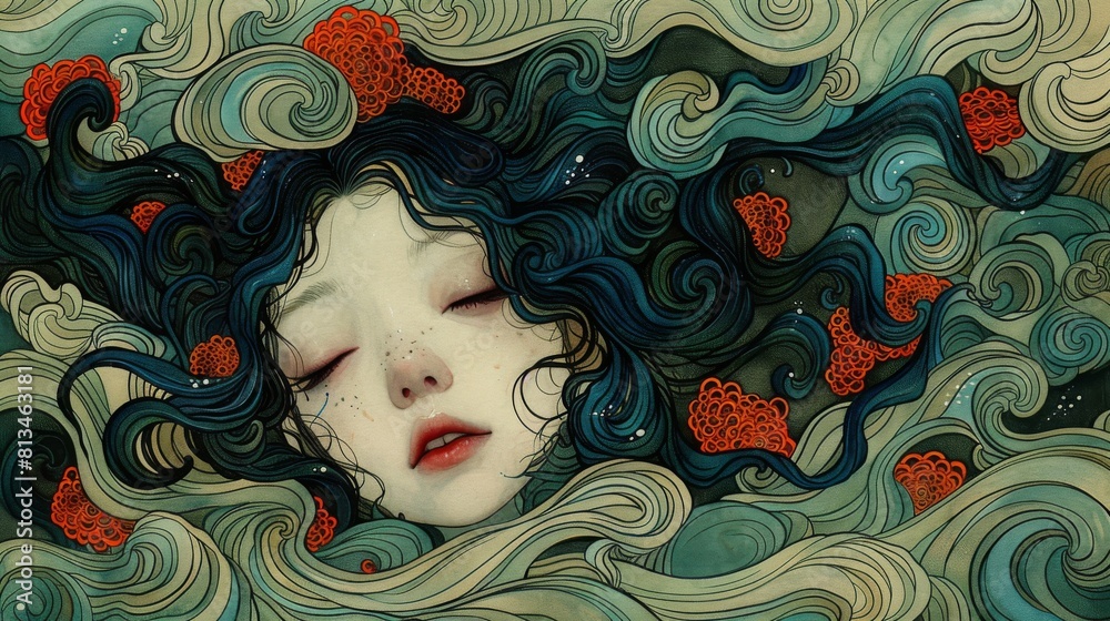 Dreamy atmosphere, illustration of a serene girl with closed eyes, her hair and surroundings adorned with intricate, whimsical patterns Dreamy atmosphere, illustration of a serene girl with closed eyes, her hair and surroundings adorned with intricate, whimsical patterns