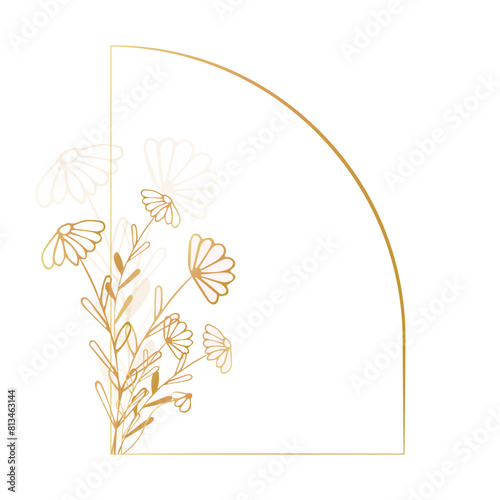 Arch frame with golden daisies, wildflowers, on a transparent background. Calligraphic ornaments and floral frames flourish. Frame of linear floral logos, frames and frames,for social media, greetings