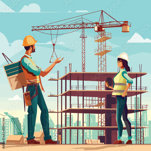 Construction site. Building work process with houses and construction machines. Surveyor engineers with equipment, theodolite or total positioning station. Vector illustration, Workers professions, 