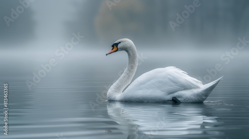 Mute Swan (Cygnus olor) on Lake in Early Morning Fog, Hesse, Germany, Europe Generative AI