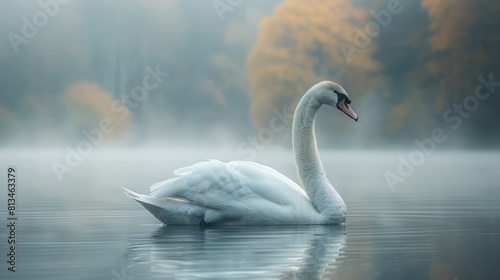 Mute Swan (Cygnus olor) on Lake in Early Morning Fog, Hesse, Germany, Europe Generative AI